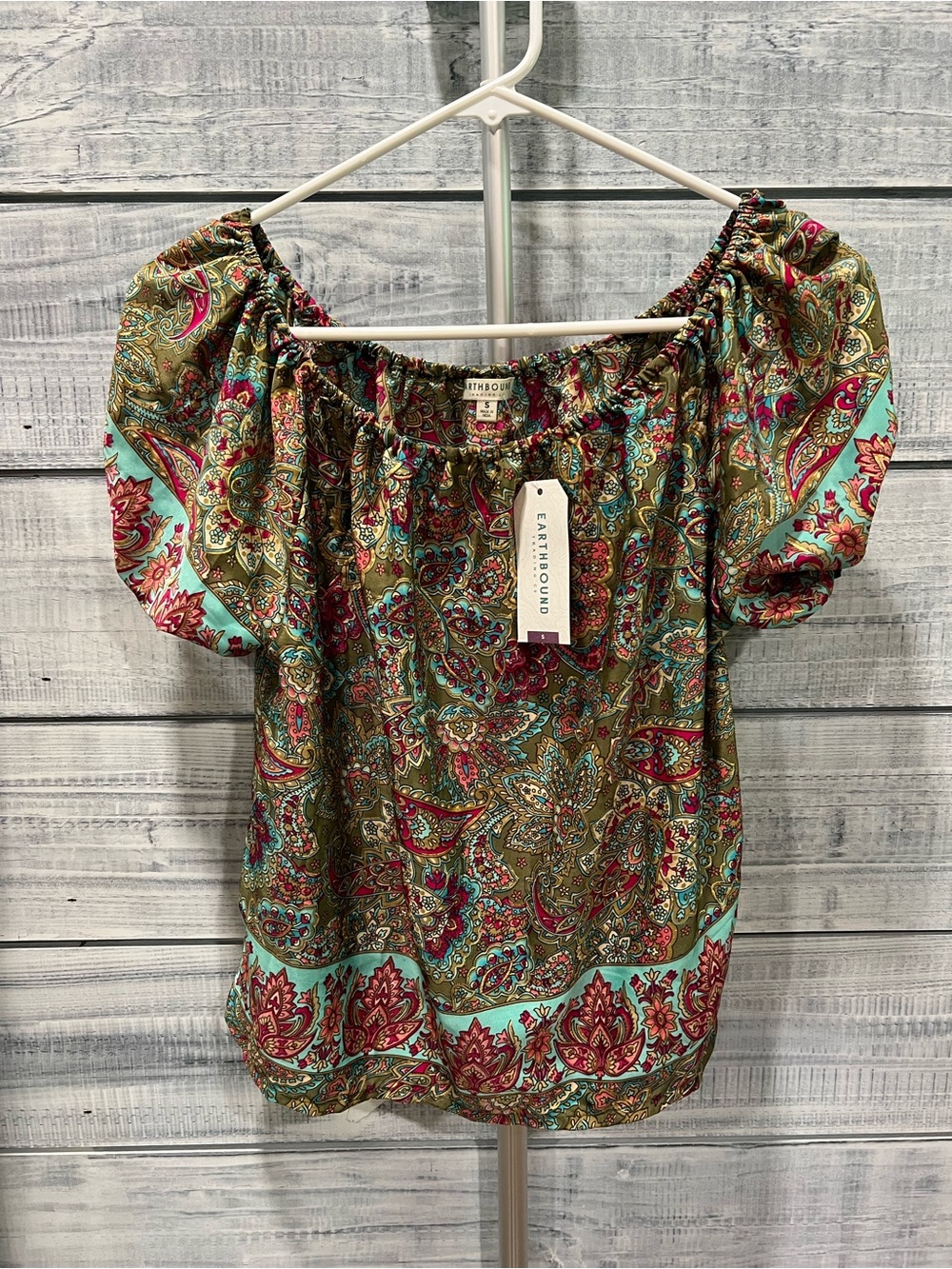 EARTHBOUND Teal & Red Paisley Off-Shoulder Blouse
